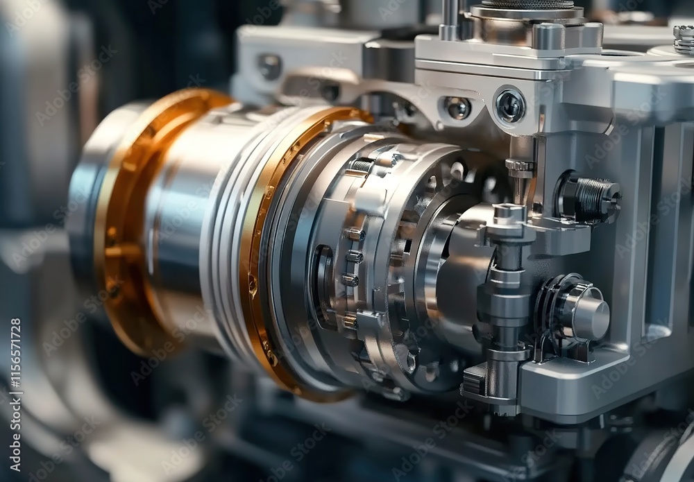 Close-up of an industrial engine's main lens, showcasing its complex mechanical components and intricate designs.