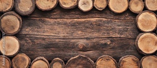 Stacked tree logs in a forest creating a rustic backdrop with ample empty space for text or branding in a natural setting photo