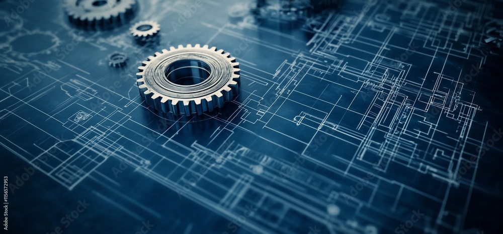 A blueprint design featuring gears and technical drawings for engineering purposes. A blueprint design featuring gears and technical drawings for engineering purposes.