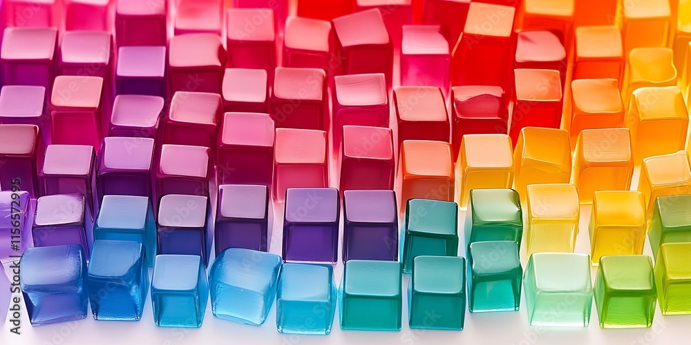 Fototapeta premium Little glass and plastic cubes stacks on white background illustration background, colorful cubes in rainbow colors