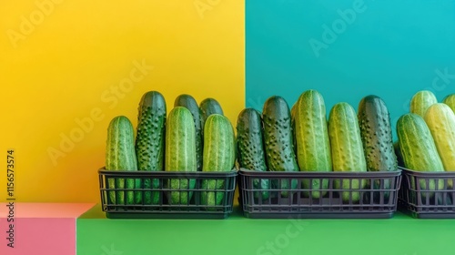 Fresh cucumbers displayed in grocery store baskets against vibrant multicolored background with ample copy space for promotional text