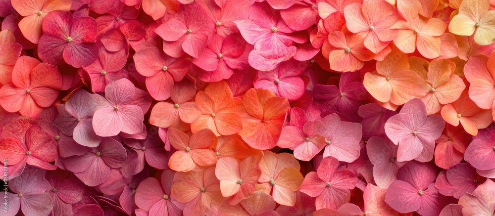Obraz premium Vibrant floral live wallpaper background showcasing pink, red, and orange hydrangeas with ample space for personalized text and design elements.