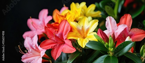 Vibrant Azalea Bouquet in Red Pink and Yellow with Lush Greenery Against Dark Background Ideal for Floral Design or Text Placement
