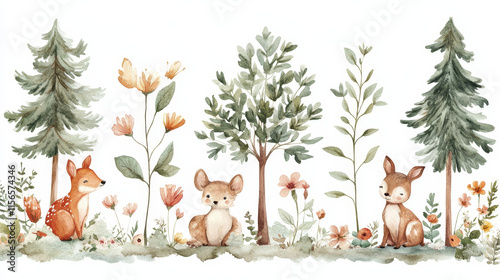 Fototapeta Naklejka Na Ścianę i Meble -  Watercolor illustration of playful animals in forest