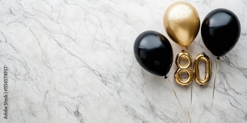 Elegant black and gold 80th birthday balloons on a marble surface with ample space for text and celebration themes photo