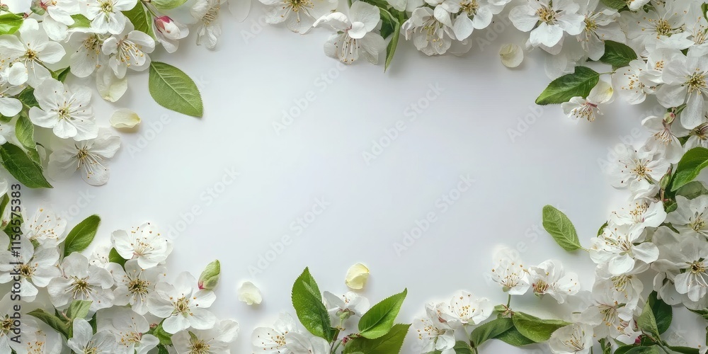 Floral Banner Frame with White Blossoms and Green Leaves Creating Space for Custom Text or Messages