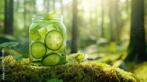 Cucumber slices in lemonade jar surrounded by lush forest greenery creating a refreshing summer vibe with copy space for text