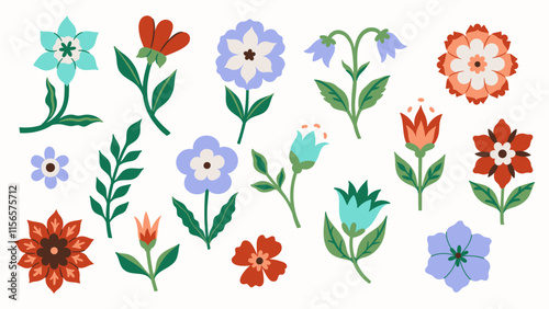Set of flowers in folk style isolate on white background. Vector graphics.