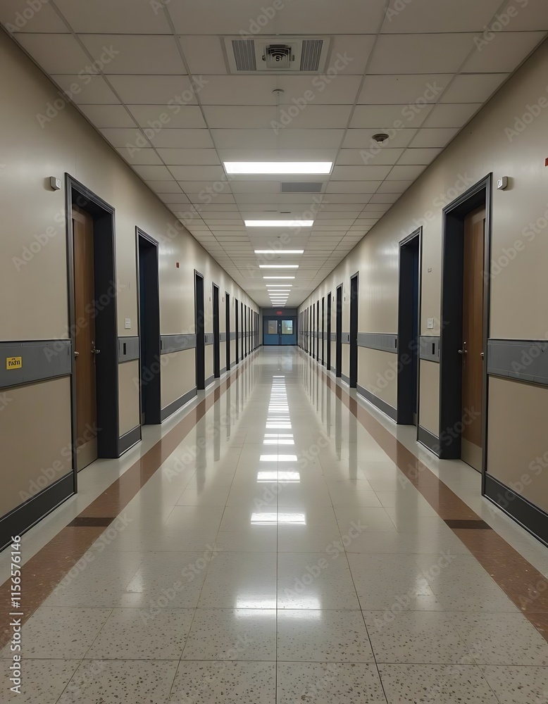 Long Empty Hallway With Many Doors Long Empty Hallway With Many Doors