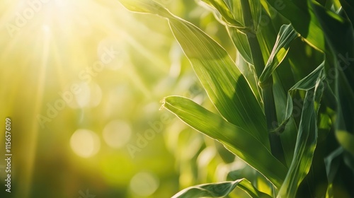 Fresh organic corn on the ear in sunlight with soft focus green leaves and empty copy space for text in a serene outdoor setting photo