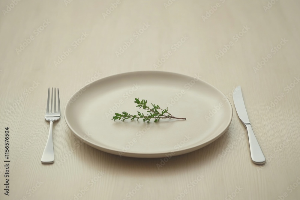 Minimalist table setting with neutral ceramic plate, silver fork and knife, and small green herb twig as decoration, elegant simple arrangement. Concepts of healthy eating, dieting, or clean aesthetic Minimalist table setting with neutral ceramic plate, silver fork and knife, and small green herb twig as decoration, elegant simple arrangement. Concepts of healthy eating, dieting, or clean aesthetic