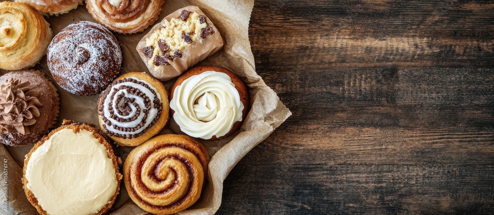 Assorted Delicious Cakes and Pastries on Parchment Paper with Blank Space for Text Bakery Confectionery Display on Rustic Wooden Surface Assorted Delicious Cakes and Pastries on Parchment Paper with Blank Space for Text Bakery Confectionery Display on Rustic Wooden Surface