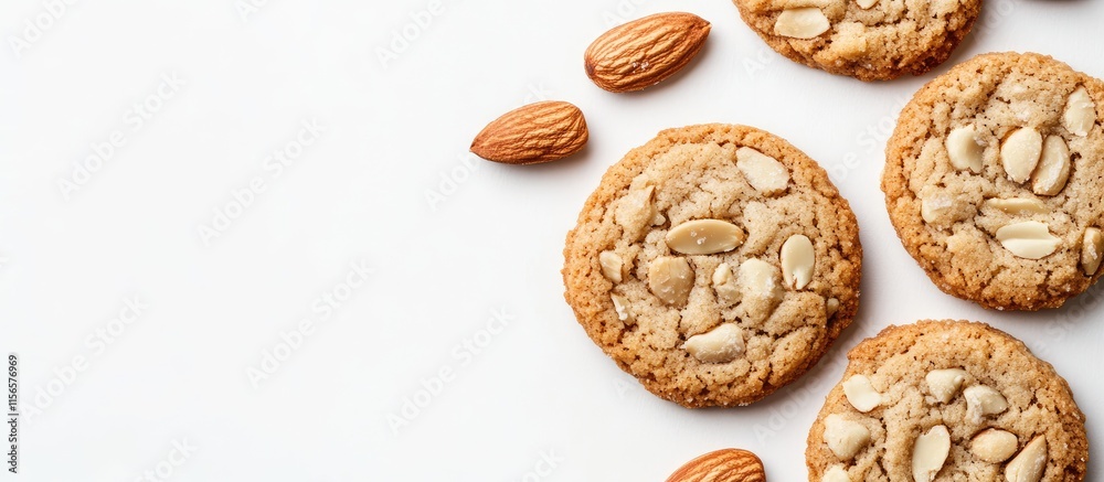 Almond cookies on white background with almonds and space for text perfect for dessert promotions and bakery advertisements Almond cookies on white background with almonds and space for text perfect for dessert promotions and bakery advertisements