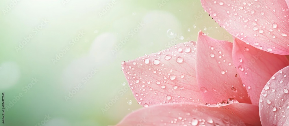 Fototapeta premium Soft Pink Flower Petals with Dew in a Lush Green Setting Ideal for Text Overlay and Nature Themes