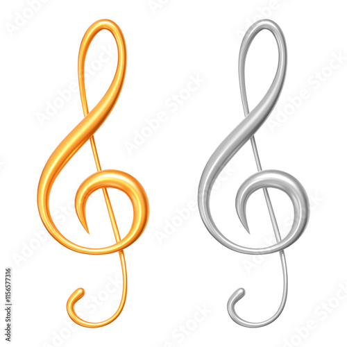 3d realistic golden and silver metal treble clef. Music icon for design. Stock vector illustration on isolated background.