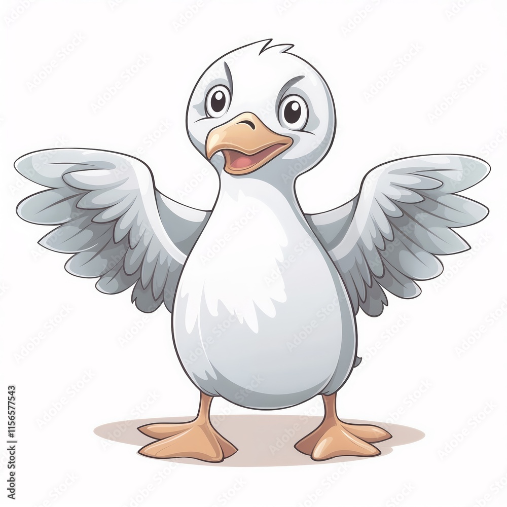 White duck smiling with spread wings isolated on white background.Nature illustrations, children's storybooks, farm animal stories, animal characters, bird tales, educational books for kids, happines
White duck smiling with spread wings isolated on white background.Nature illustrations, children's storybooks, farm animal stories, animal characters, bird tales, educational books for kids, happines