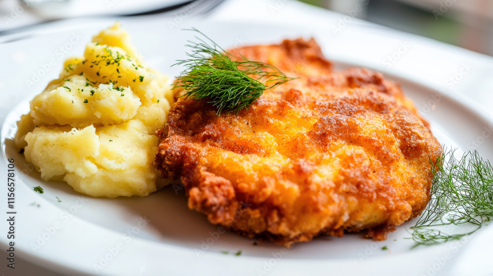 Perfectly fried chicken with a golden, crispy crust, served on a white plate alongside creamy mashed potatoes, creating a delicious and comforting meal presentation. Perfectly fried chicken with a golden, crispy crust, served on a white plate alongside creamy mashed potatoes, creating a delicious and comforting meal presentation.