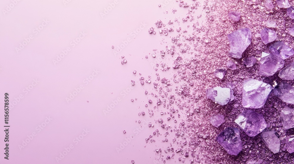 Obraz premium Crystal Eyeshadow Pigments on Soft Purple Pastel Backdrop with Ample Copy Space for Product Promotion or Creative Text Usage