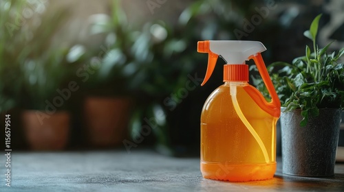 Glyphosate herbicide in a spray bottle positioned on a table surrounded by plants with space for text advertising garden care solutions photo