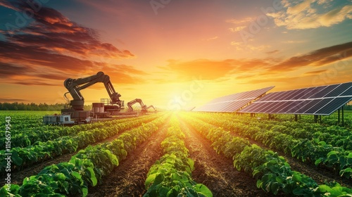 Robotic arms and solar panels in a field at sunset. Smart farm with automated agricultural machinery and renewable energy. Sustainable agriculture concept.
