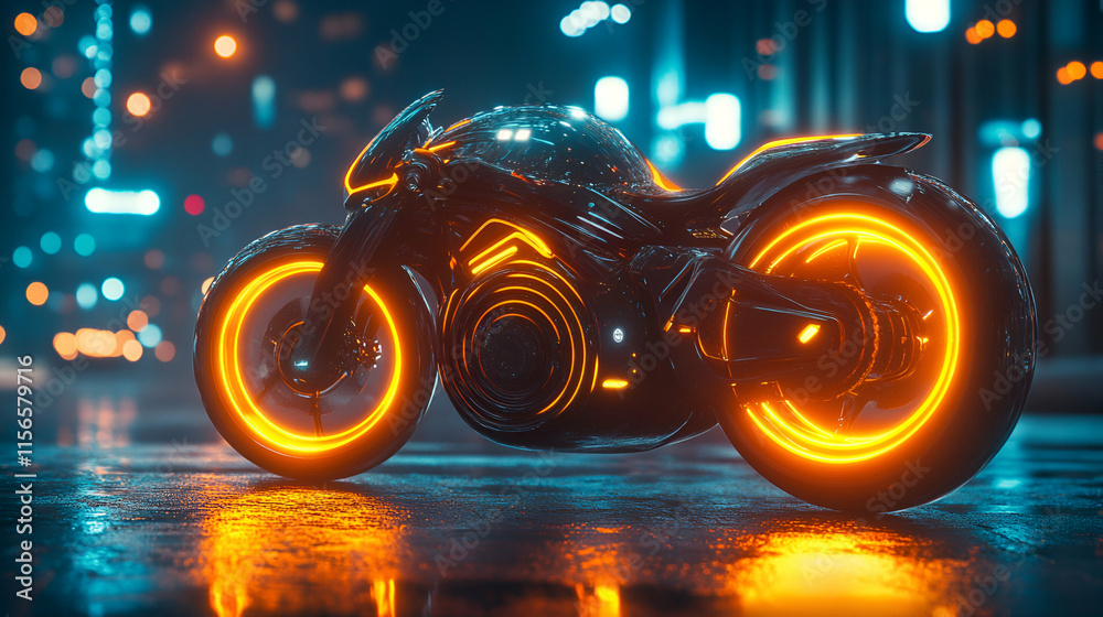 Obraz premium Futuristic Motorcycle, Glowing Wheels on City Streets at Night