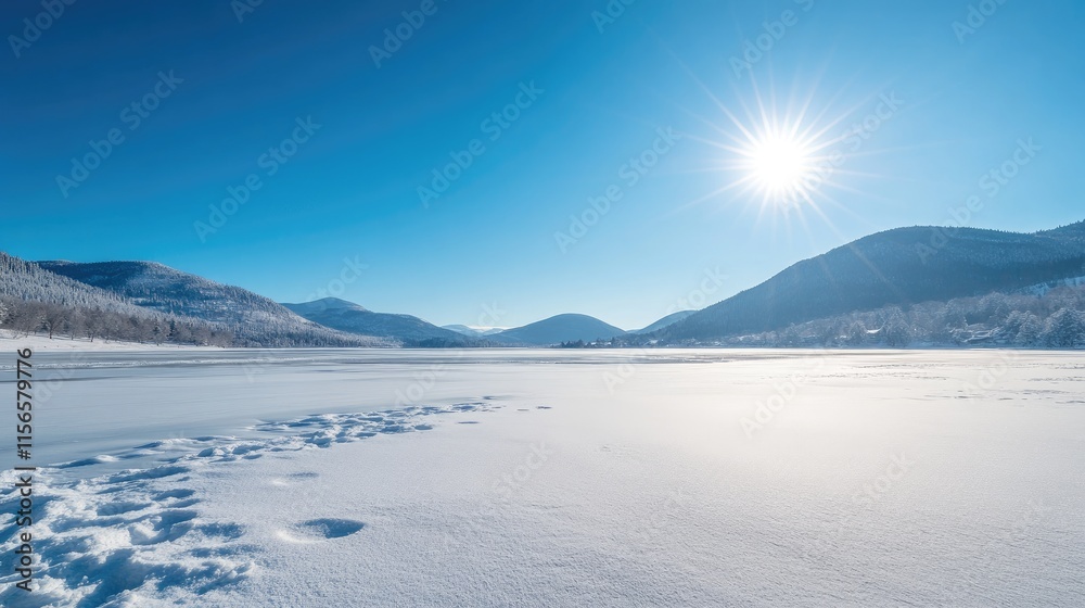 Serene crystalline lake surrounded by majestic snowy mountains and bright blue sky ideal for winter travel and nature imagery with space for text Serene crystalline lake surrounded by majestic snowy mountains and bright blue sky ideal for winter travel and nature imagery with space for text