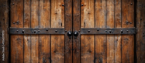 Close up shot of a rustic double exit wooden door featuring detailed textures and an empty space for customizable text or branding photo