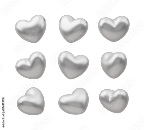 3D silver heart rotation. Metallic vector Valentines day symbol in different view. Realistic romantic icons indifferent angles. Glossy metal hearts on white. Love sign for card, design, flyer, poster