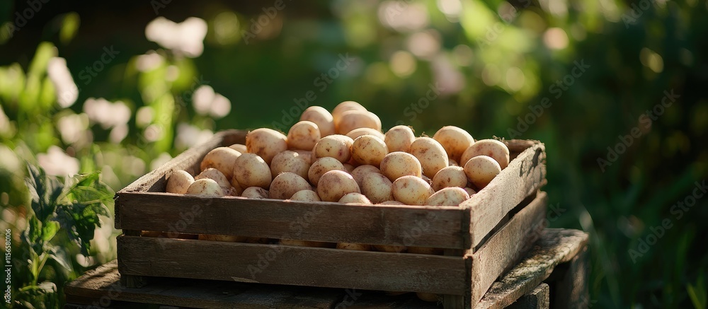 Freshly harvested potatoes in wooden crate set against a rustic garden backdrop with ample empty space for overlaying text or branding Freshly harvested potatoes in wooden crate set against a rustic garden backdrop with ample empty space for overlaying text or branding