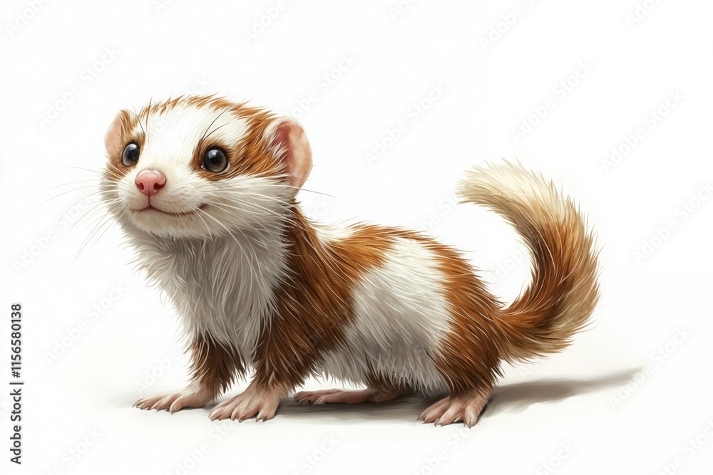 Small weasel with fluffy fur standing on four paws isolated on white background. children's books, nature illustrations, and wildlife-themed storybooks. innocence, gentleness, and friendliness. Cute s Small weasel with fluffy fur standing on four paws isolated on white background. children's books, nature illustrations, and wildlife-themed storybooks. innocence, gentleness, and friendliness. Cute s