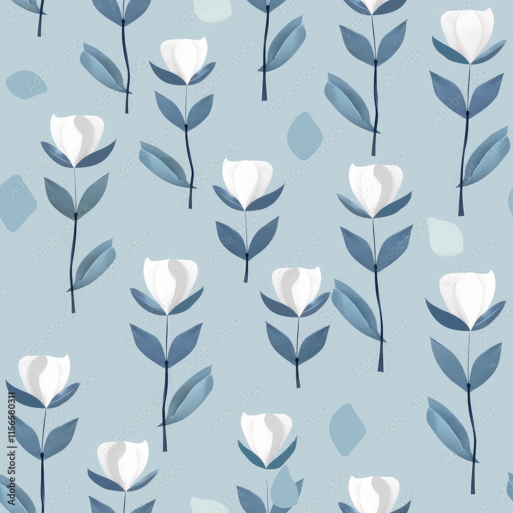 A floral pattern featuring white flowers with blue leaves on a light blue background. A floral pattern featuring white flowers with blue leaves on a light blue background.