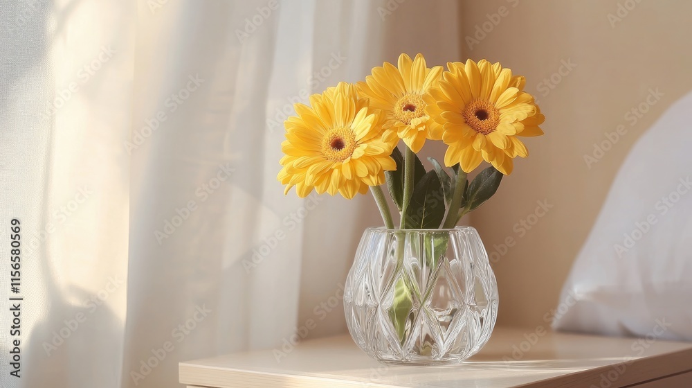 Crystal vase with vibrant yellow gerbera flowers on minimalist nightstand in bright bedroom interior with soft natural lighting Crystal vase with vibrant yellow gerbera flowers on minimalist nightstand in bright bedroom interior with soft natural lighting