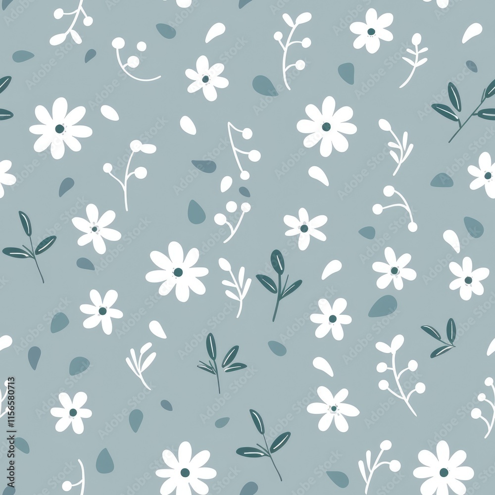 A seamless floral pattern featuring white flowers and leaves on a soft blue background. A seamless floral pattern featuring white flowers and leaves on a soft blue background.