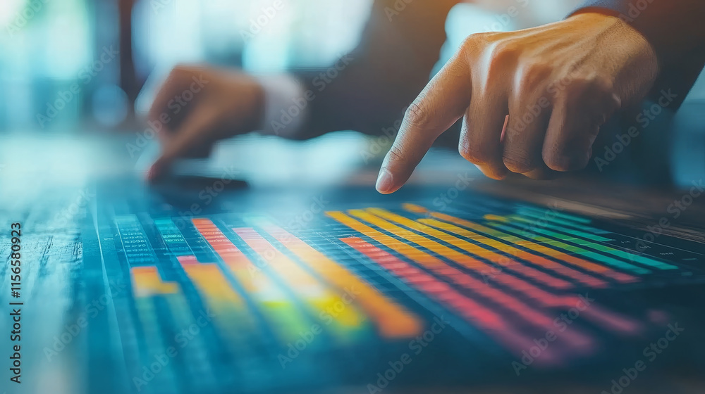Hands pointing at colorful business data on table Hands pointing at colorful business data on table