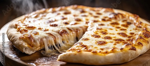 Freshly Baked Cheese Pizza on Wooden Board with Steam Rising and Empty Space for Text or Advertisement