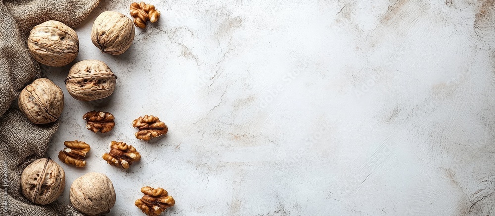 Obraz premium Freshly Cracked Walnuts in Shell and Shelled Nuts on Marble Surface with Empty Space for Text and Culinary Decoration Ideas