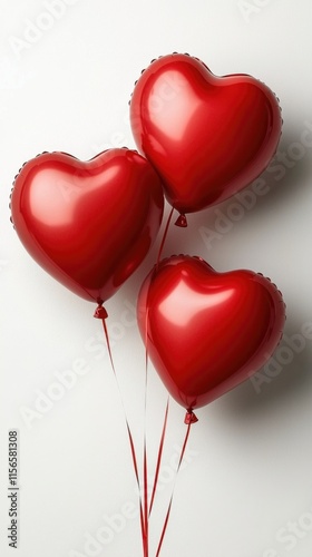Three shiny red heart-shaped balloons float against a light background, symbolizing love and celebration.