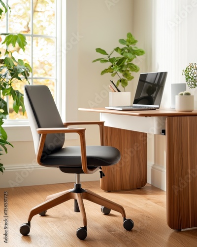 Modern Home Office Desk Chair Laptop Plants Wood