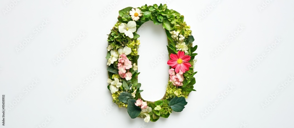 Floral arrangement in the shape of number zero on a clean white background with ample space for text or additional design elements