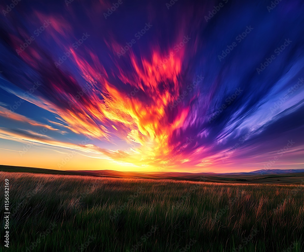 Cloudy wide landscape of open plains with sun in background and green meadow on the ground, blue clean sky nature view Cloudy wide landscape of open plains with sun in background and green meadow on the ground, blue clean sky nature view