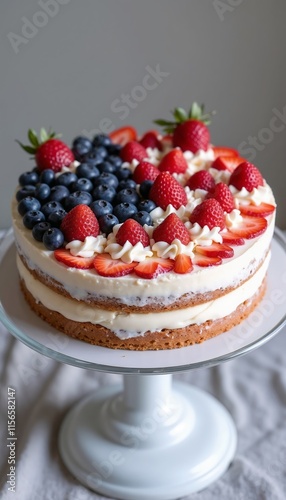 USA flag-themed cake with berries on a white stand.Patriotism. Celebration. Sweet moments.Patriotic dessert, USA celebration, event poster, festive theme, 4th of July, Independence Day, summer par



