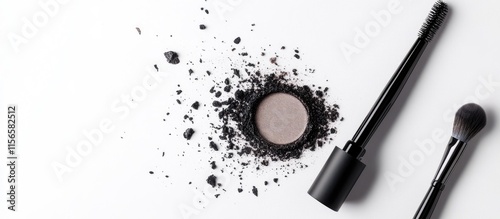 Eyeshadow compact with applicator and scattered powder on white background for beauty and cosmetic product advertisements photo