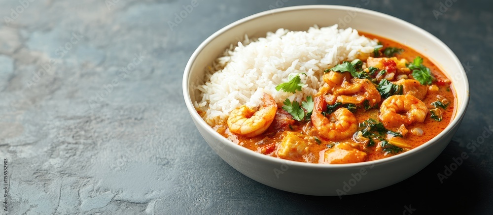 Curry Preparation with Prawns and Rice on a Dark Background Featuring Empty Space for Text Curry Preparation with Prawns and Rice on a Dark Background Featuring Empty Space for Text