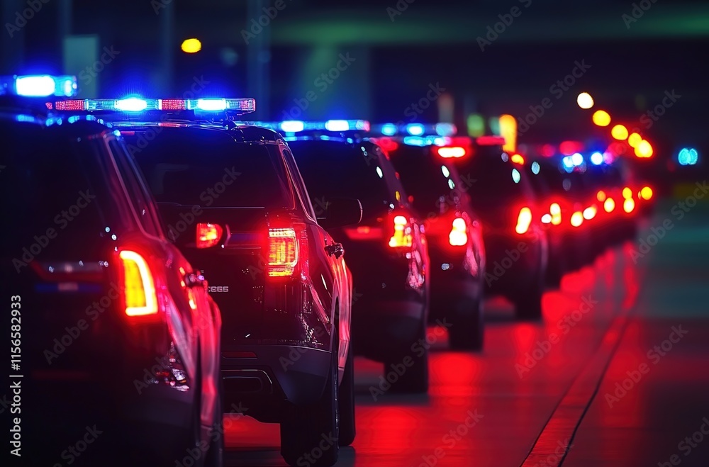 A line of police cars with flashing lights at an airport, ready to take action in the night. A line of police cars with flashing lights at an airport, ready to take action in the night.