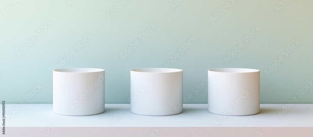 Minimalist display of three empty containers on a clean surface with soft background for product presentation and text placement. Minimalist display of three empty containers on a clean surface with soft background for product presentation and text placement.