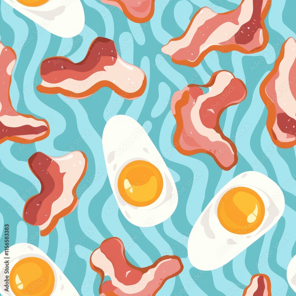 Fototapeta premium A playful pattern featuring fried eggs and bacon on a blue wavy background.