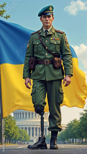 A Ukrainian soldier with a prosthesis against the backdrop of the parliament photo