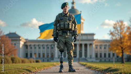 A Ukrainian soldier with a prosthesis against the backdrop of the parliament photo