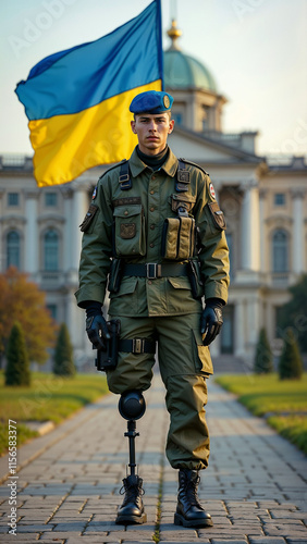 A Ukrainian soldier with a prosthesis against the backdrop of the parliament photo