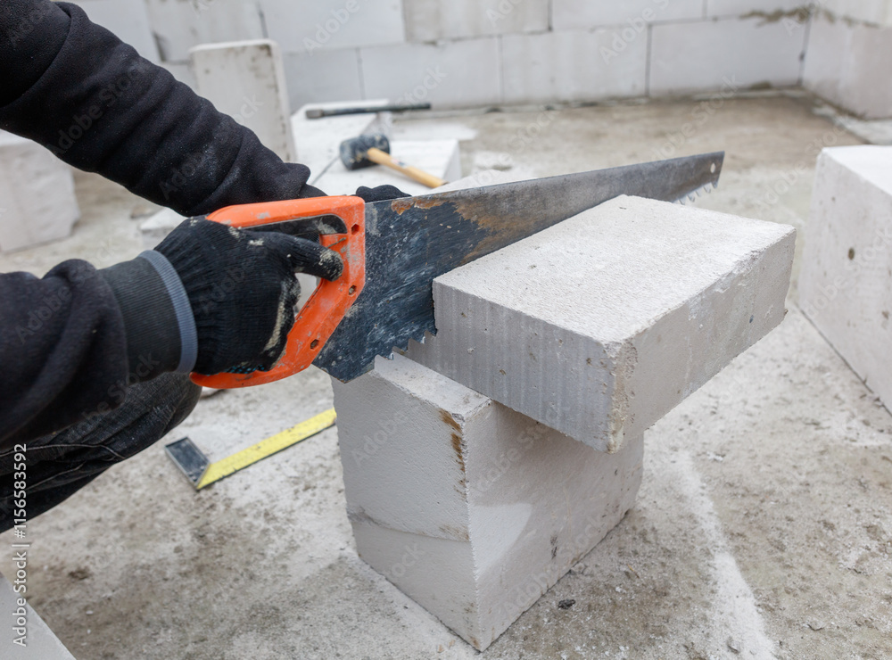 A man is cutting a block of concrete with a saw A man is cutting a block of concrete with a saw